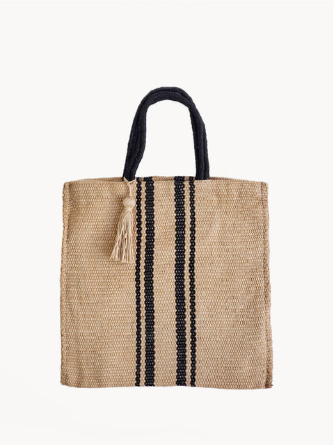 Casual Stripe Open Top Tote with Tassels and Pocket