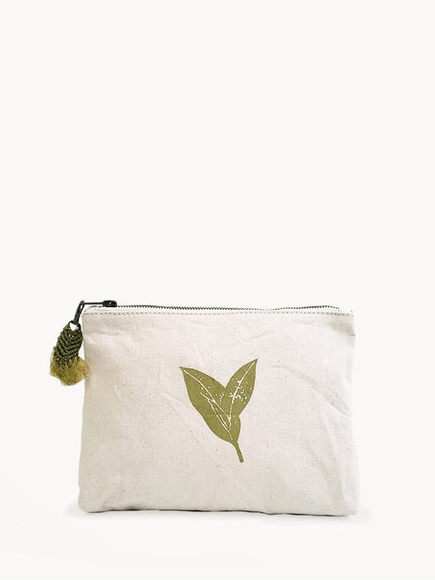 Graphic Leaf Print Pouch with Tassels and Zipper Closure