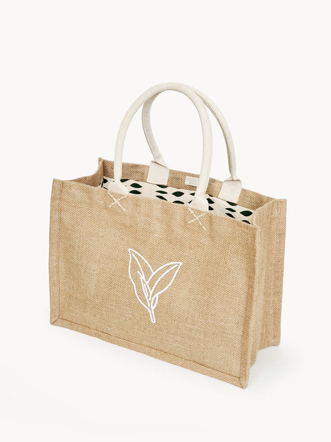 Handmade Solid Embroidery Leaf Graphic Open Top Tote