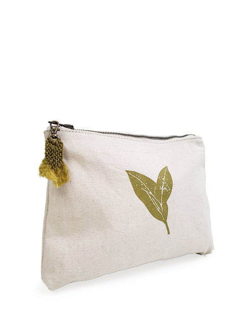 Graphic Leaf Print Pouch with Tassels and Zipper Closure
