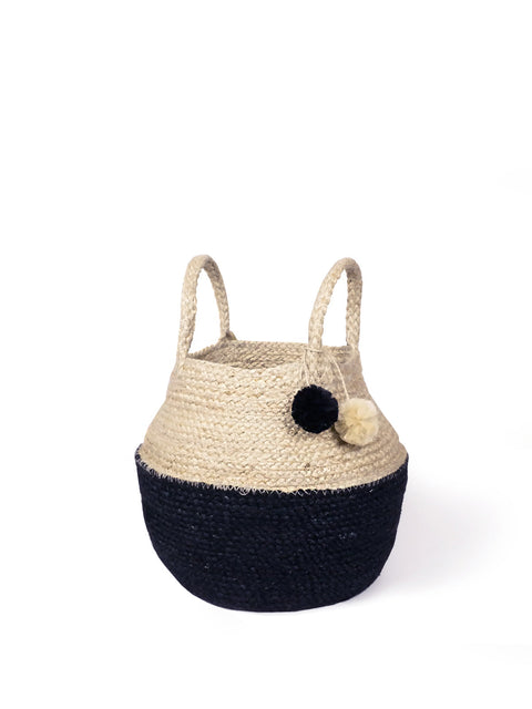 Casual Color Block Braided Basket Bag with Pom Poms