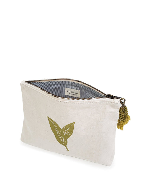 Graphic Leaf Print Pouch with Tassels and Zipper Closure