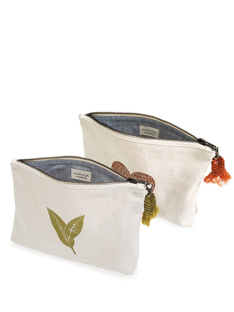 Graphic Leaf Print Pouch with Tassels and Zipper Closure