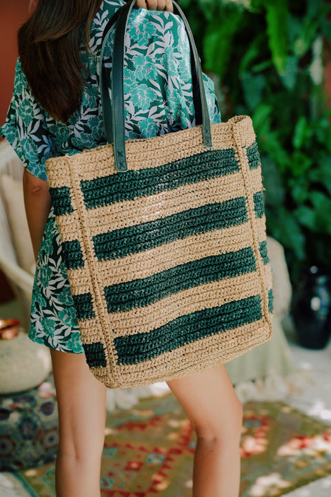 Beach Handwoven Stripe Tote with Shoulder Straps