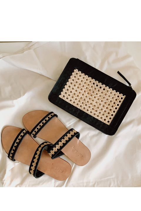 Evening Geometric Rattan Clutch with Leather Trim