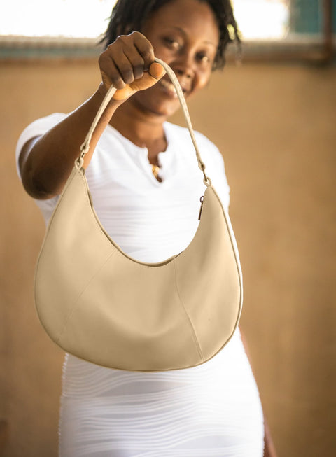 Solid Bone Shoulder Bag with Zip Top and Pocket