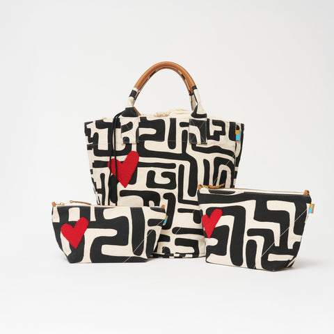 Geometric Heart Hand Screen Printed Bucket Bag with Drawstring