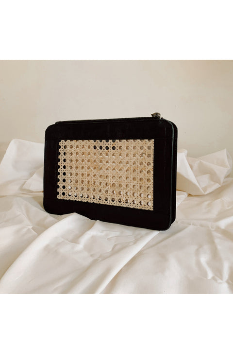 Evening Geometric Rattan Clutch with Leather Trim