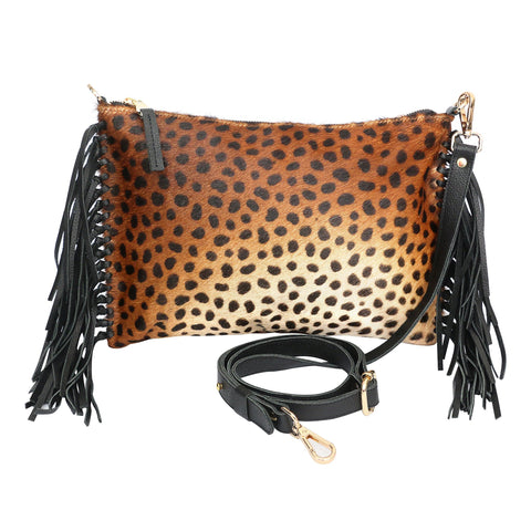 Animal Leopard Clutch with Fringe and Zipper Closure