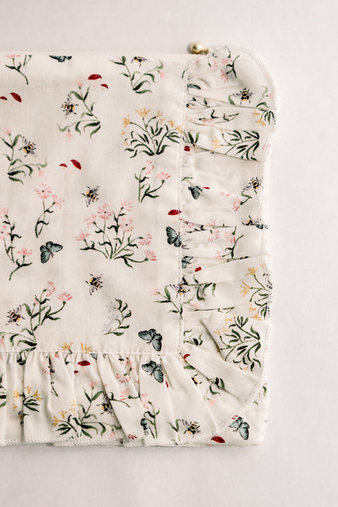 Floral Graphic Pouch with Ruffles and Zipper Closure