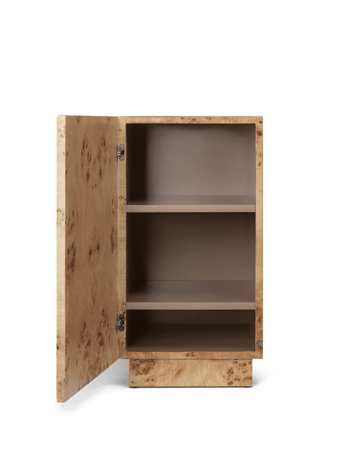 Timeless Minimalist Burl Center Table with Storage and Plinth Base