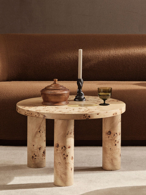 Burl Round Wood Coffee Table with Drum Base Modern Design