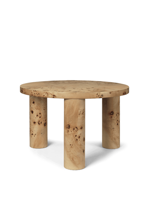 Burl Round Wood Coffee Table with Drum Base Modern Design