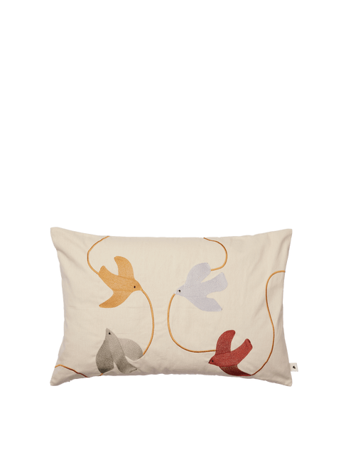 Classic Organic Embroidered Birds Lumbar Throw Pillow