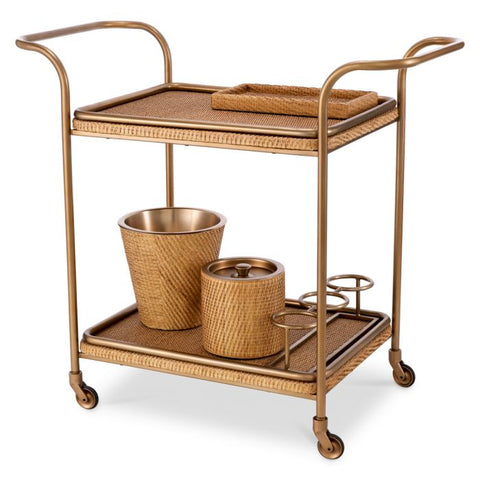 Pescara Contemporary Brass and Rattan Bar Cart
