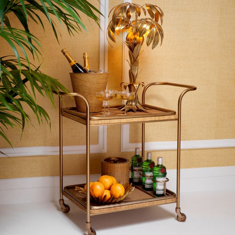 Pescara Contemporary Brass and Rattan Bar Cart