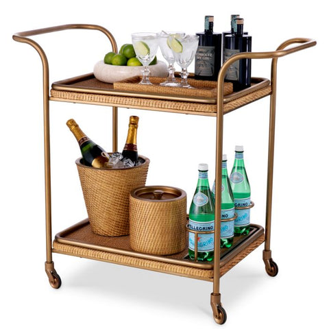 Pescara Contemporary Brass and Rattan Bar Cart