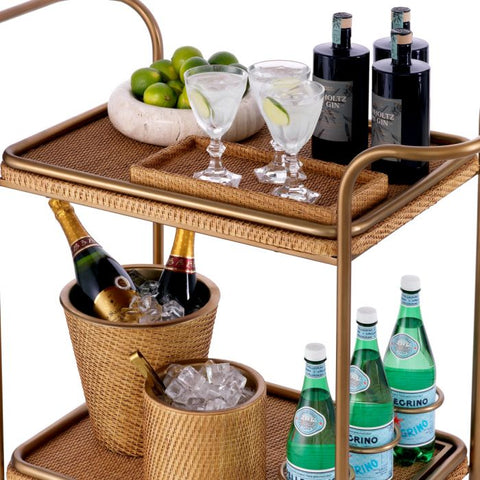 Pescara Contemporary Brass and Rattan Bar Cart