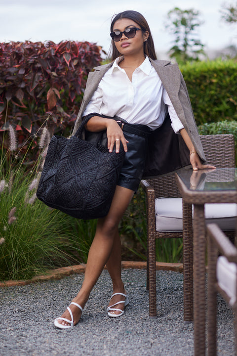 Beach Geometric Braided Raffia Tote