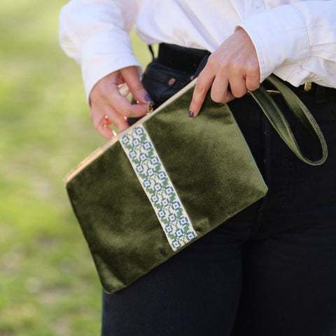 Geometric Embroidered Velvet Handmade Clutch