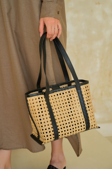 Casual Geometric Handmade Rattan Tote with Leather Trim