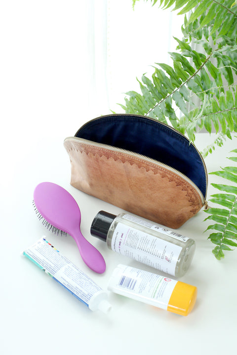 Floral Embossed Handmade Leather Pouch with Zipper Closure