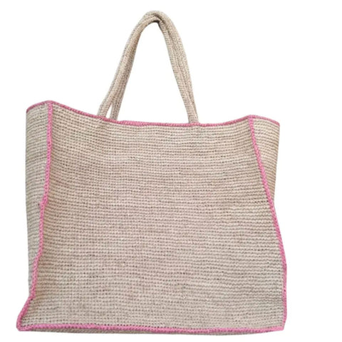Beach Handmade Raffia Tote with Contrast Trim