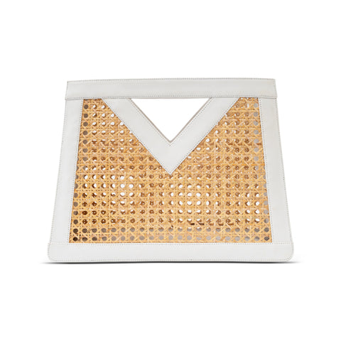 Vacation Handmade Geometric Rattan Clutch with Leather Trim