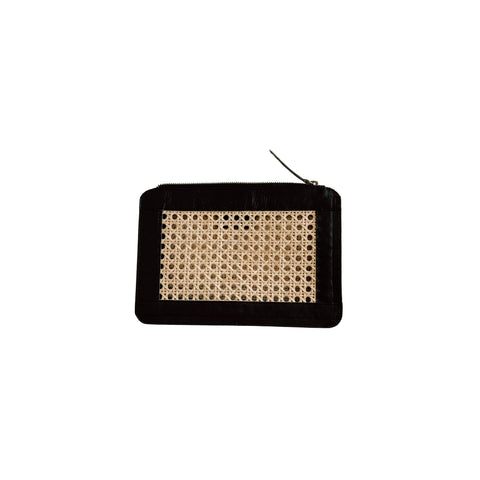 Evening Geometric Rattan Clutch with Leather Trim