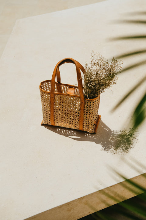 Casual Geometric Handmade Rattan Tote with Leather Trim