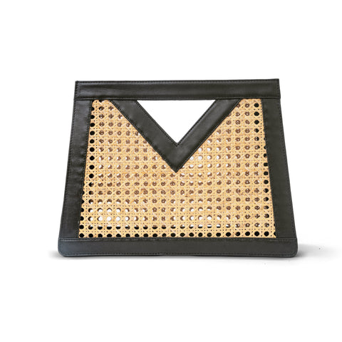 Vacation Handmade Geometric Rattan Clutch with Leather Trim