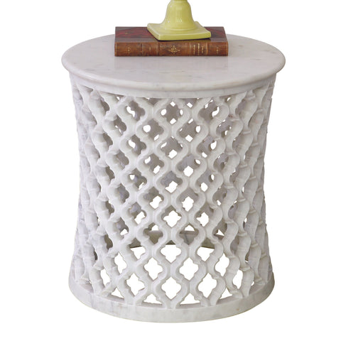 Space Saving Marble Center Table with Drum Base Mediterranean Style