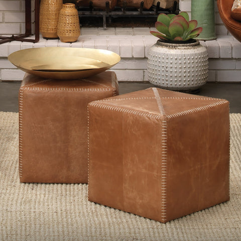 Artful Traditionalist Rustic Upholstered Pouf Ottoman