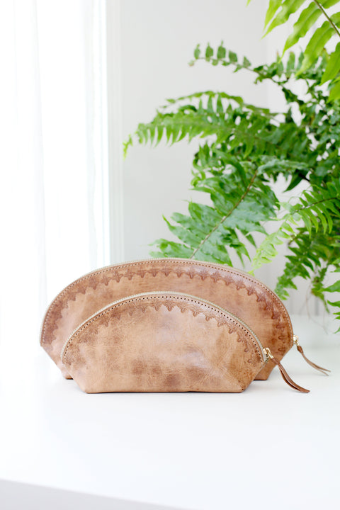 Floral Embossed Handmade Leather Pouch with Zipper Closure