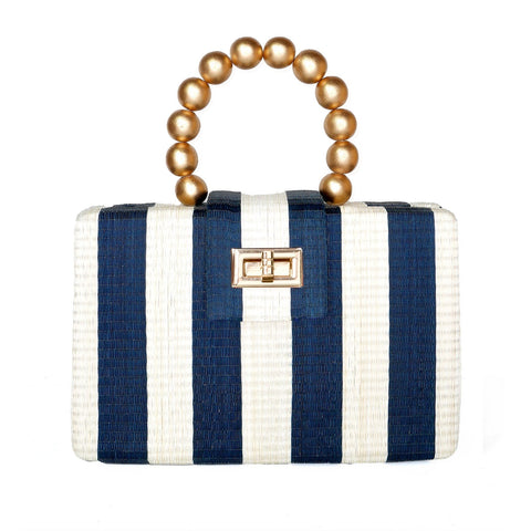 Handmade Beaded Stripe Raffia Clutch with Turn Lock Closure