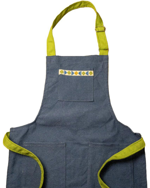 Geometric Bib Apron with Embroidery and Adjustable Pockets