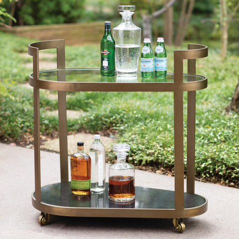 Contemporary Curved Brass and Glass Table with Casters