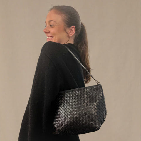 Braided Basket Weave Shoulder Bag with Zipper Closure