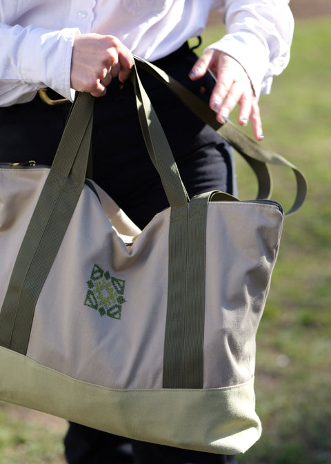 Travel Geometric Embroidery Tote with Zipper Closure