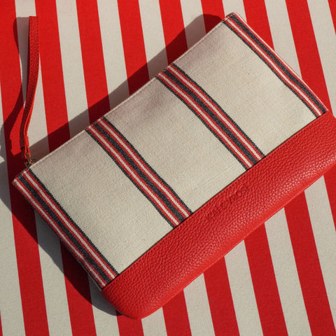 Stripe Zip Top Clutch with Zipper Closure
