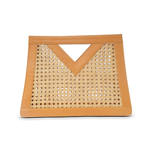 Vacation Handmade Geometric Rattan Clutch with Leather Trim