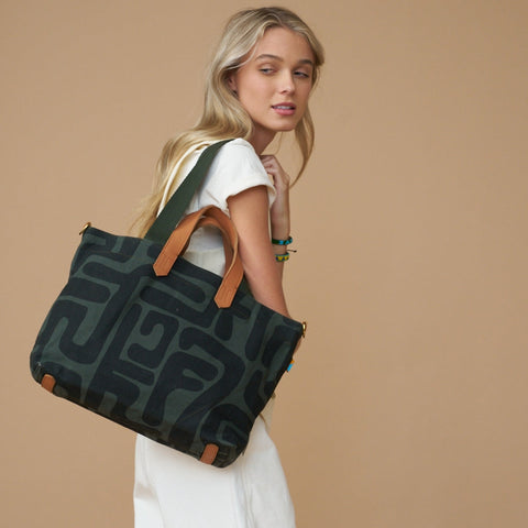 Travel Abstract Graphic Tote with Zip Top and Shoulder Straps