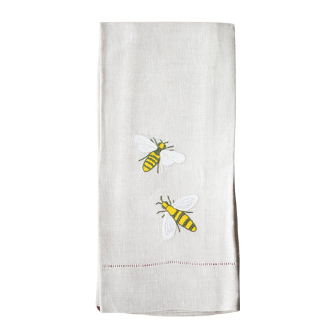 Handwoven Bee Embroidery Linen Print Tea Towel
