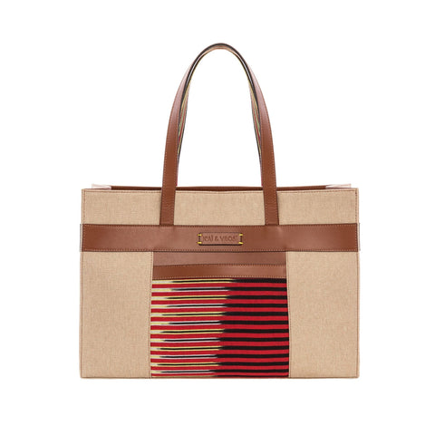 Casual Stripe Tote with Leather Trim and Graphic Design