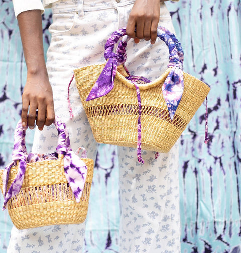 Beach Print Basket Bag with Braided Tie Closure