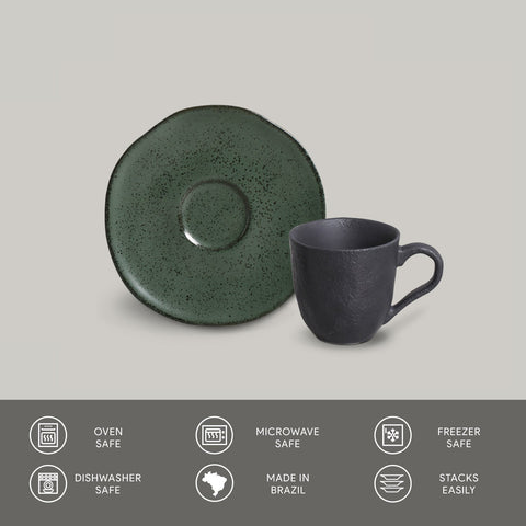 Porto Brasil Everyday Greenery Stoneware Cup & Saucer with Reactive Glaze - Set of 6