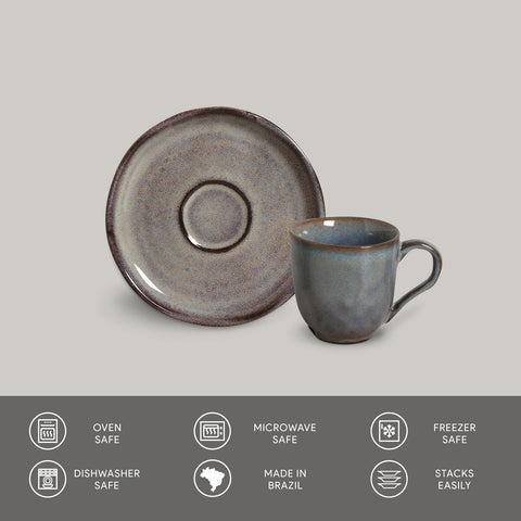 Porto Brasil Everyday Traditional Stoneware Cup & Saucer with Reactive Glaze - Set of 6