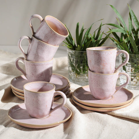 Porto Brasil Everyday Litchi Reactive Glaze Stoneware Cup & Saucer - Set of 6
