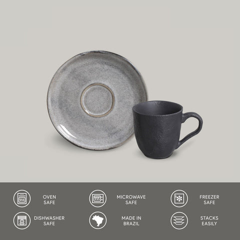 Porto Brasil Everyday Modern Stoneware Cup & Saucer with Reactive Glaze - Set of 6