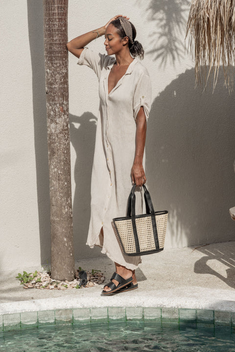 Casual Geometric Handmade Tote with Leather Trim